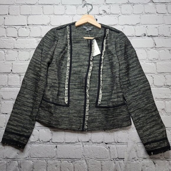 Vince Boucle Black White Leather Contrast Full Zip Jacket NWT Size 8 - Picture 1 of 13